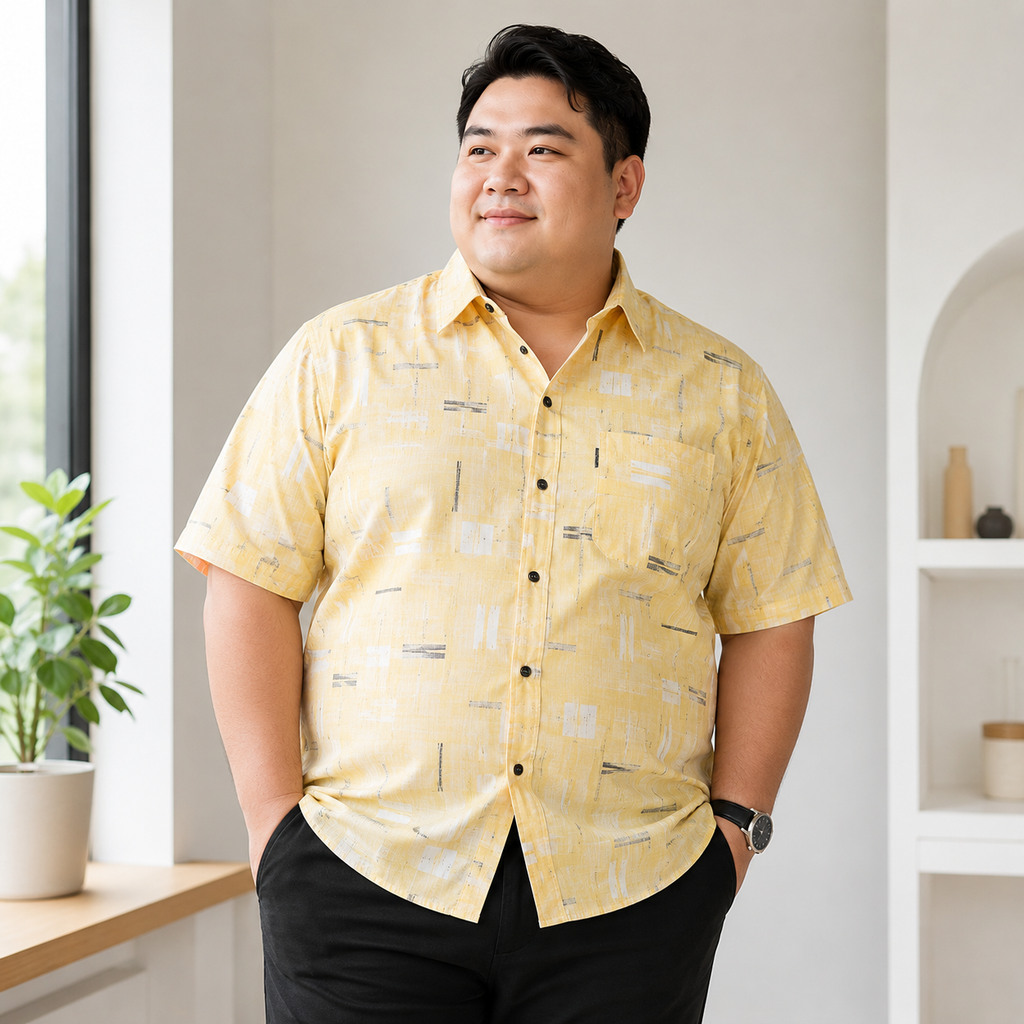 เสื้อเชิ้ตพิมพ์ลาย สีเหลือง สำหรับชายพลัสไซส์