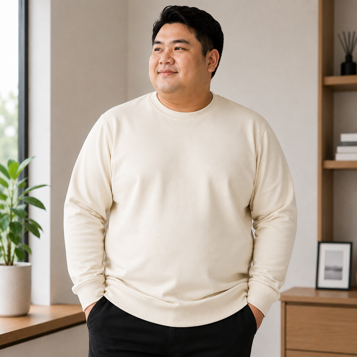 เสื้อยืดสเวตเตอร์แขนยาวสีครีม สำหรับชายพลัสไซส์