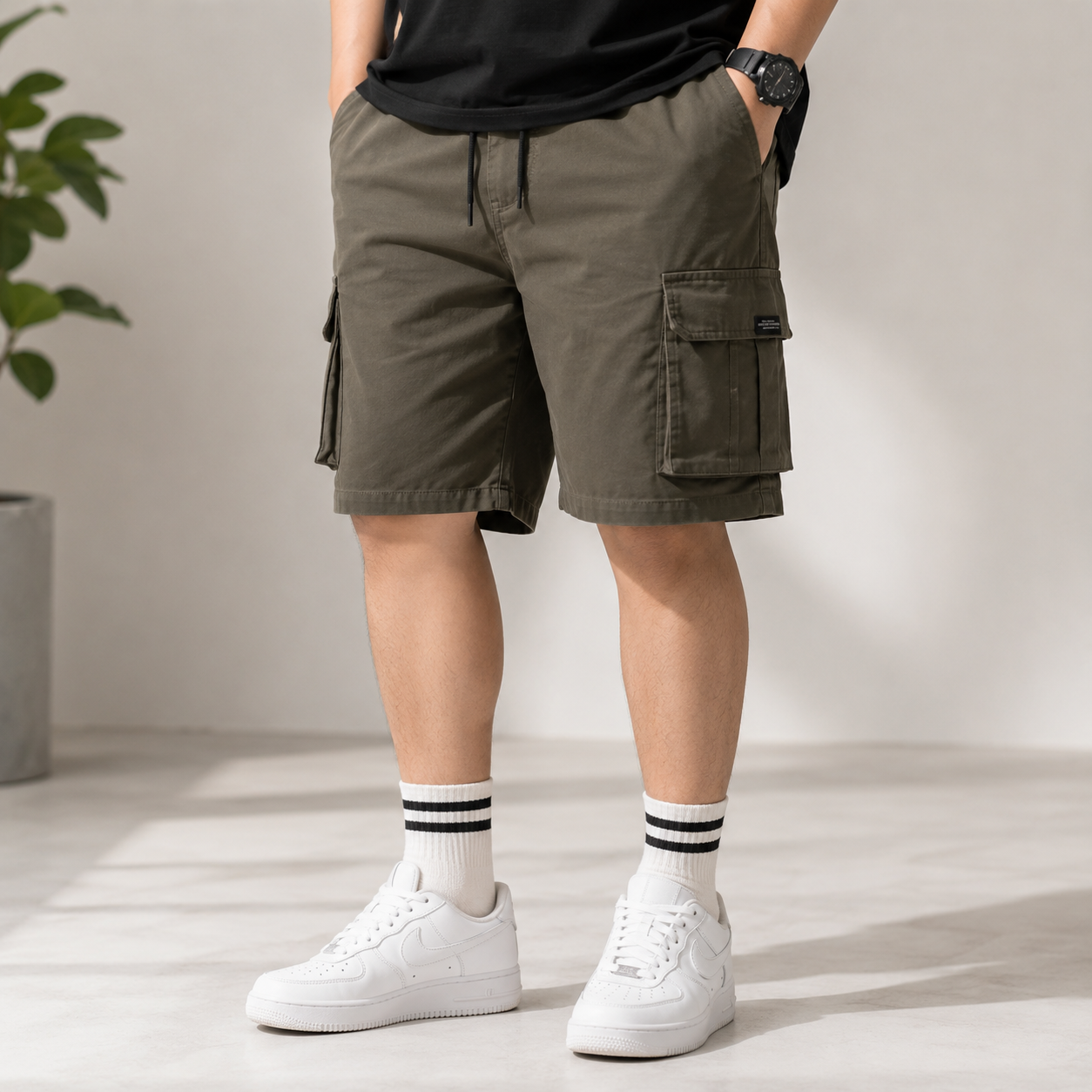 กางเกงขาสั้น Cargo สีน้ำตาลเทา